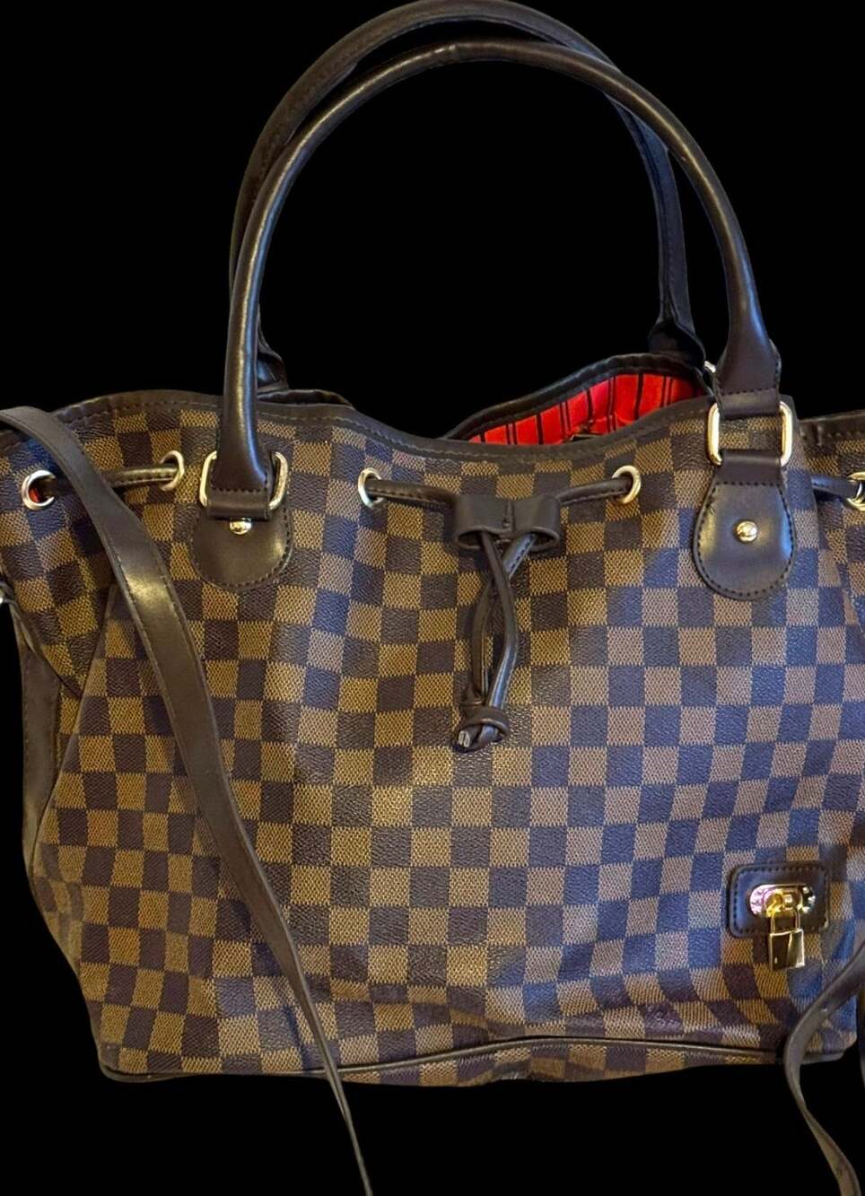 Unbranded Damier Ebene Checkered Tote Shoulder Bag Brown Faux Leather
